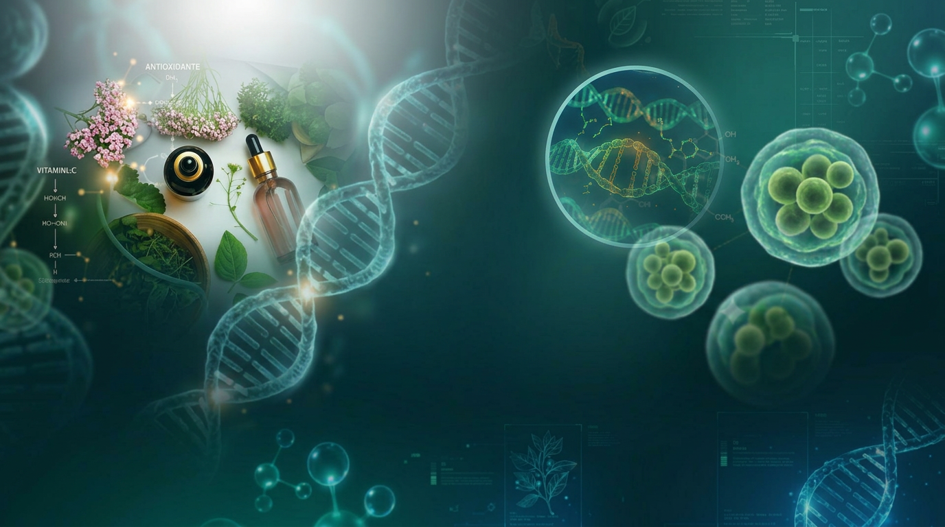 Composição científica com plantas medicinais, extratos e estruturas de DNA